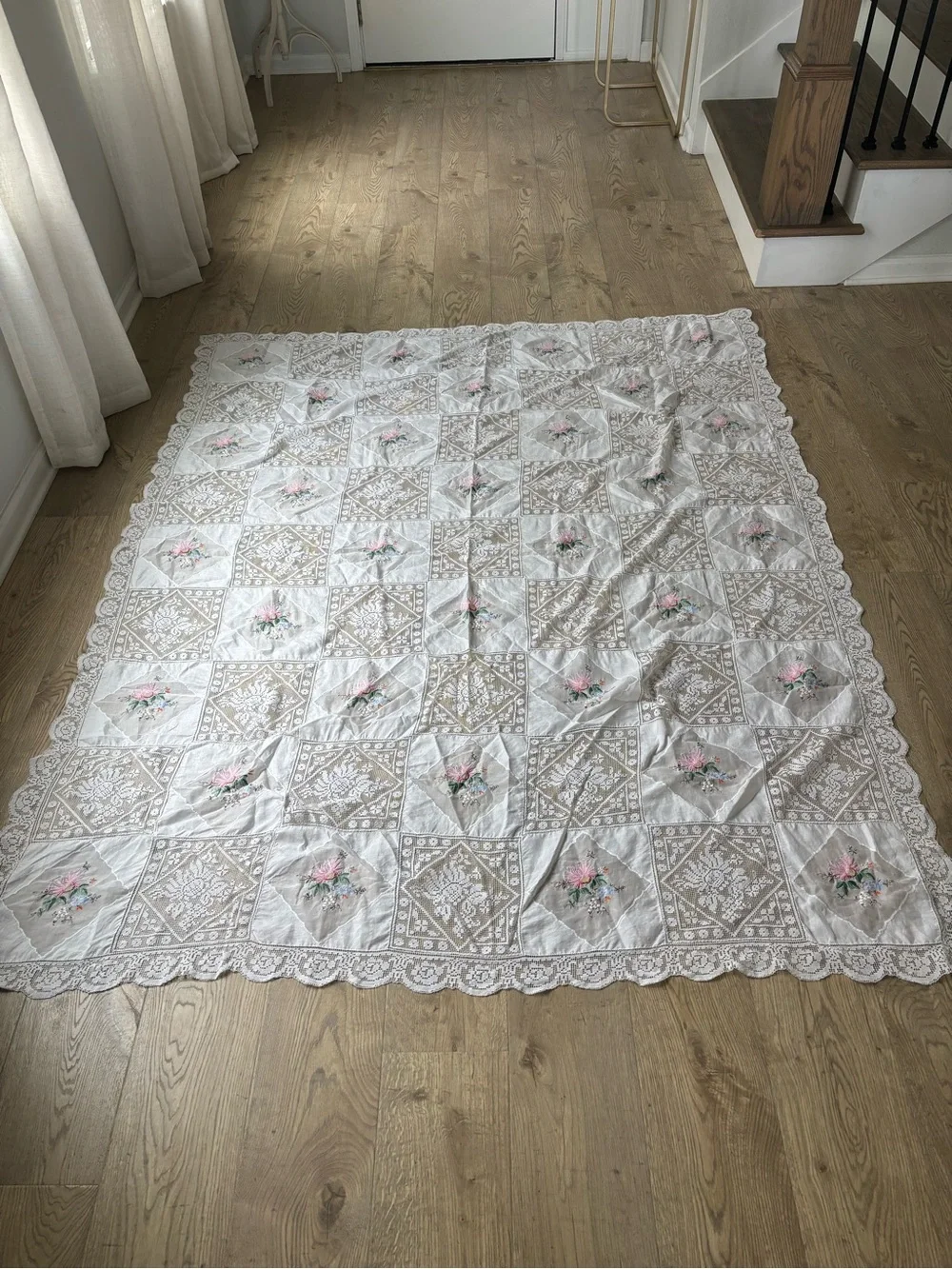 Vintage Army Navy patchwork handcrafted embroidered organdy tablecloth bedspread